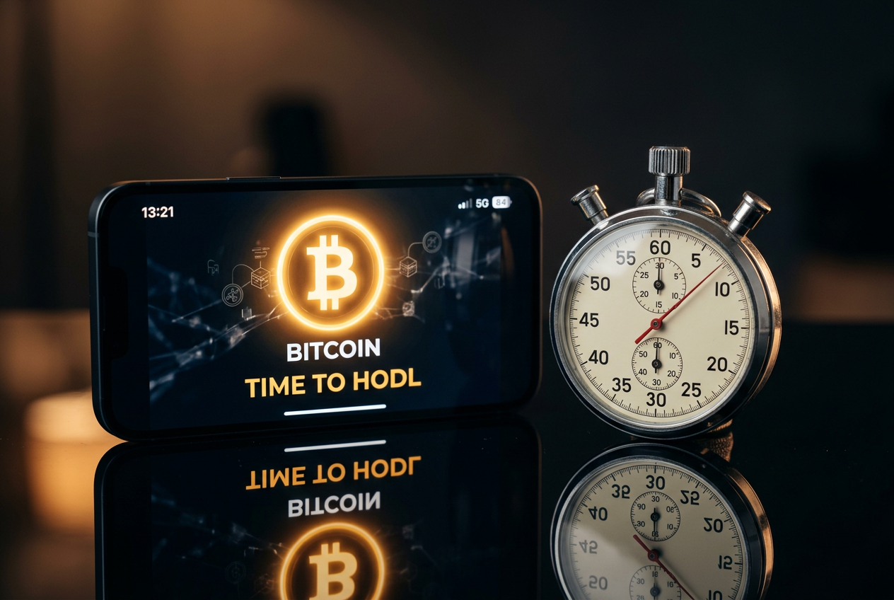 A stopwatch next to a smartphone showing a Bitcoin transaction