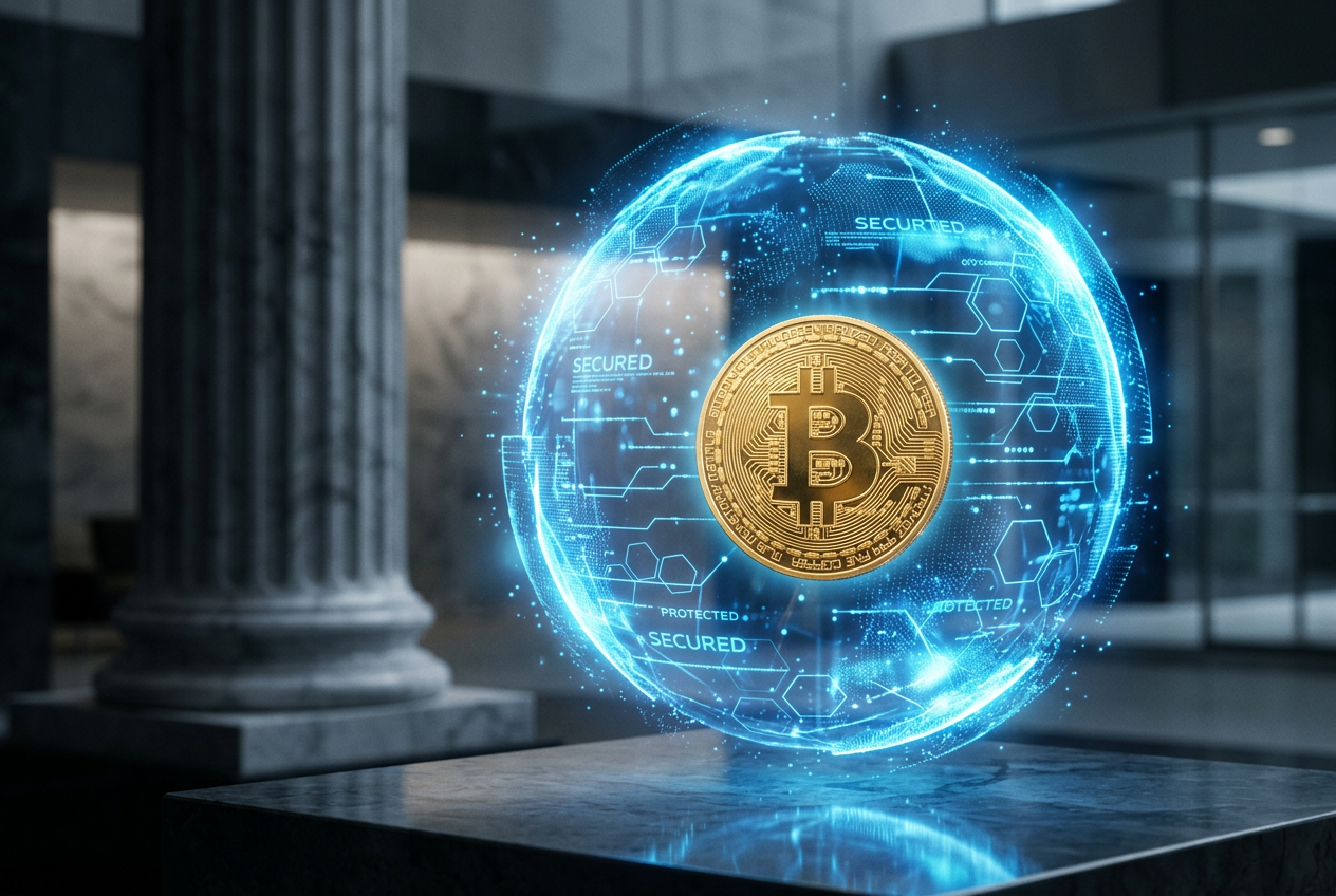 Digital shield protecting a Bitcoin symbol with a Greek architectural background