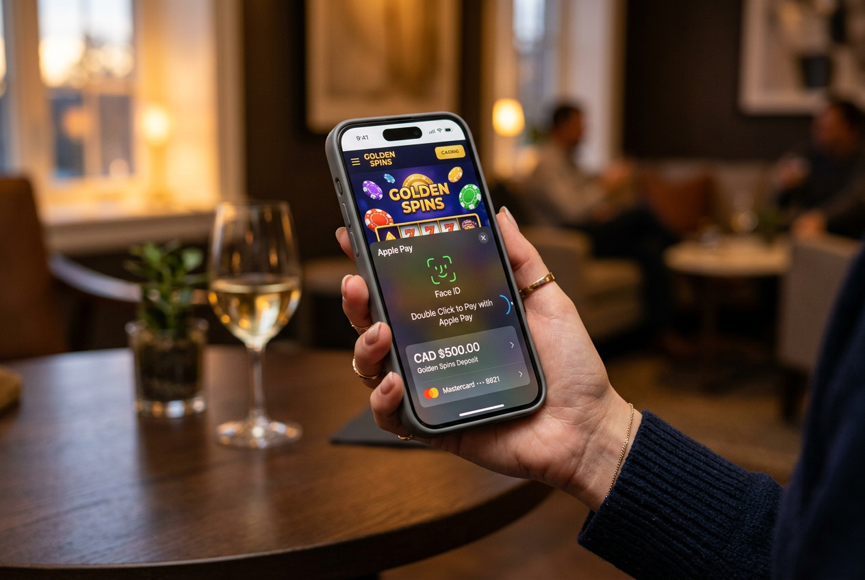A person using an iPhone to authenticate a payment at an online casino.