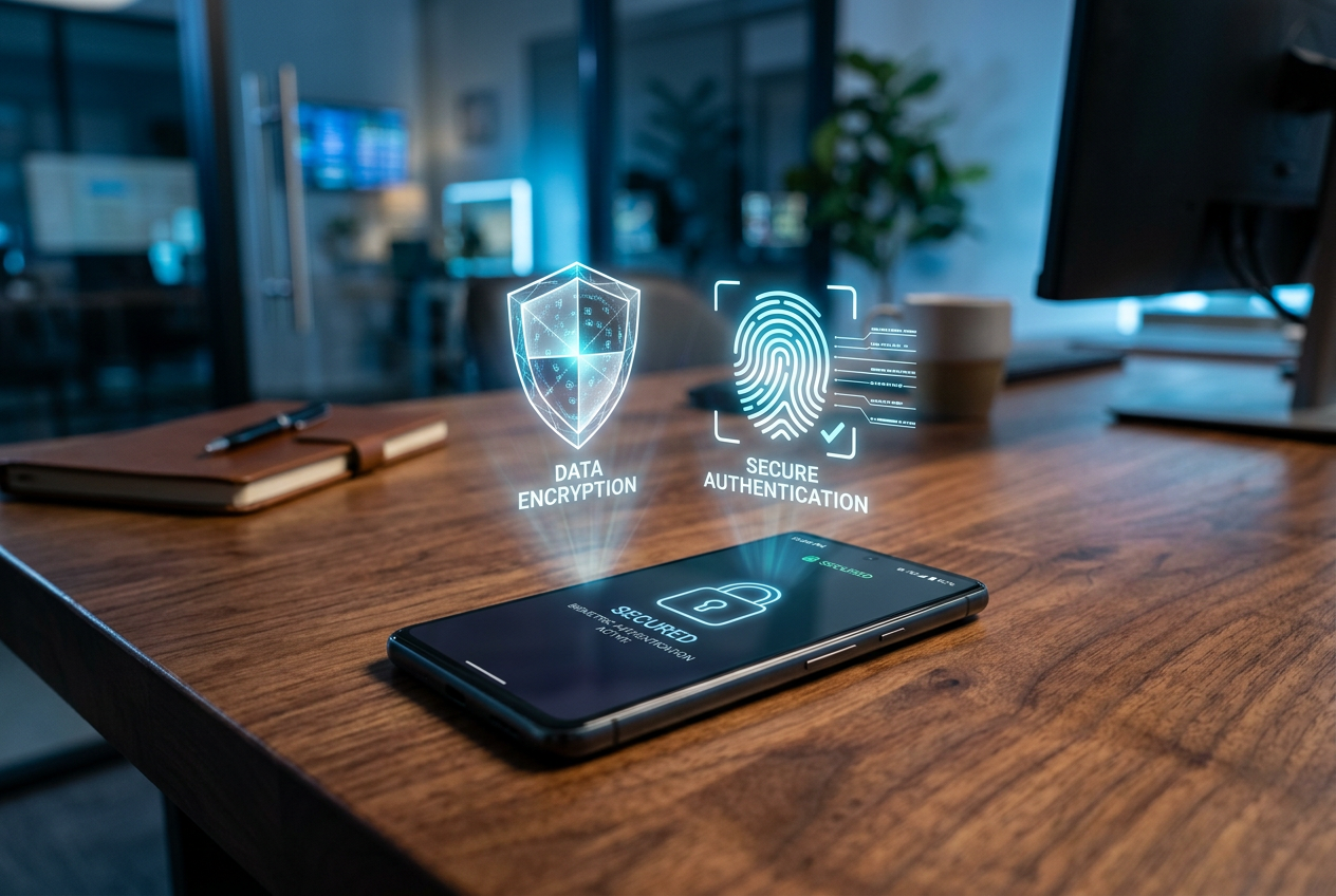 Graphic representation of digital security and biometric authentication on a smartphone.