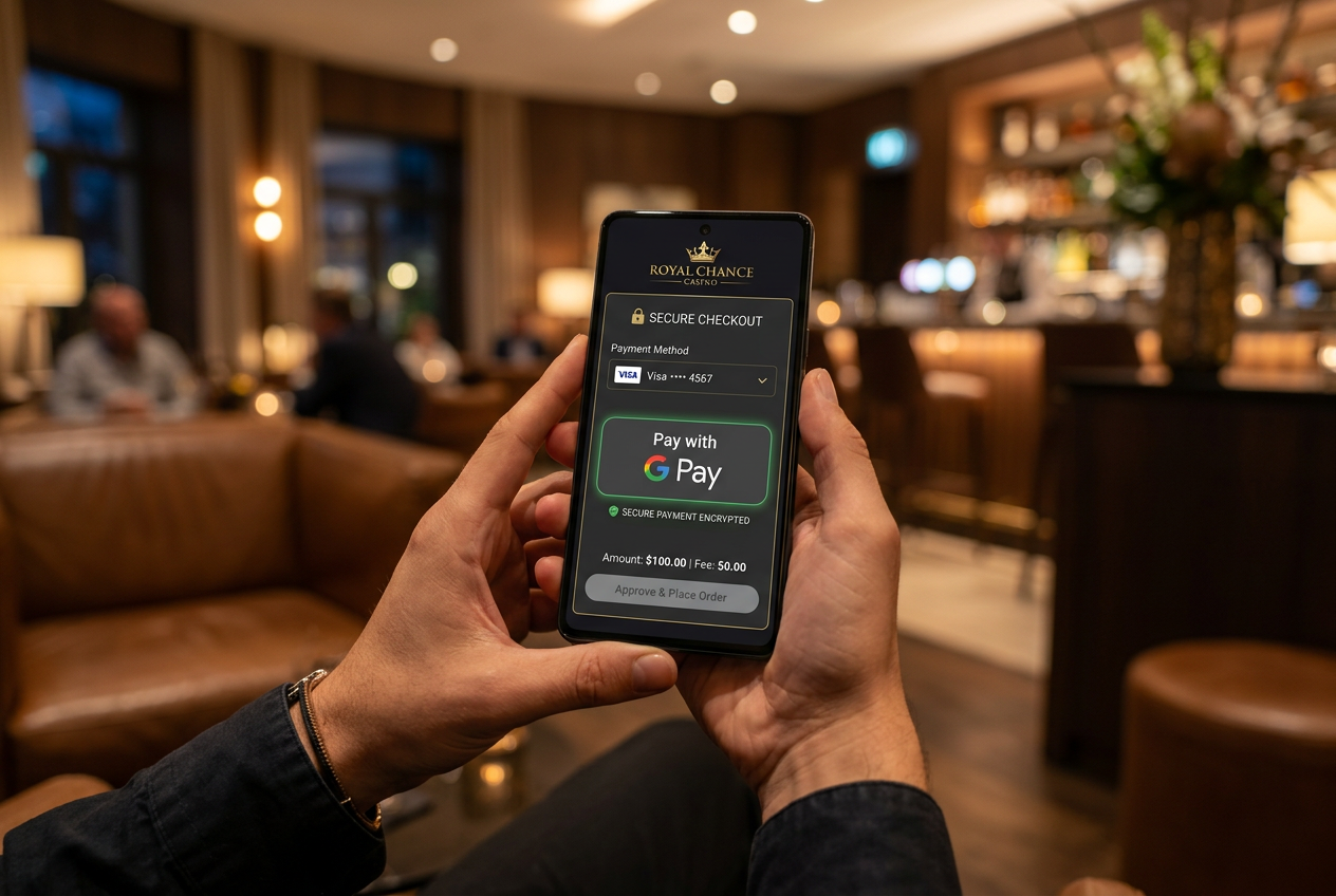 Smartphone displaying high-end casino app interface with Google Pay logo.