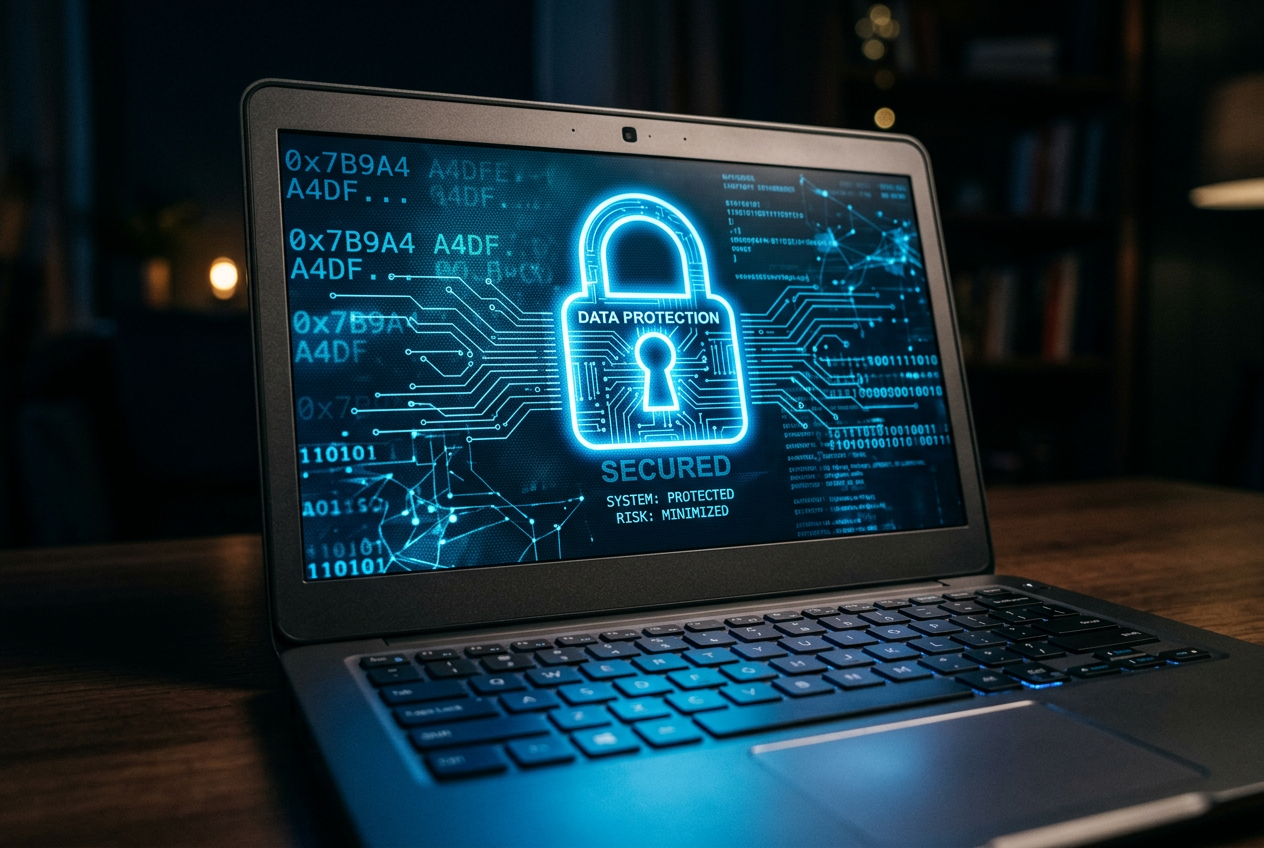 A glowing digital padlock on a laptop screen representing cybersecurity.