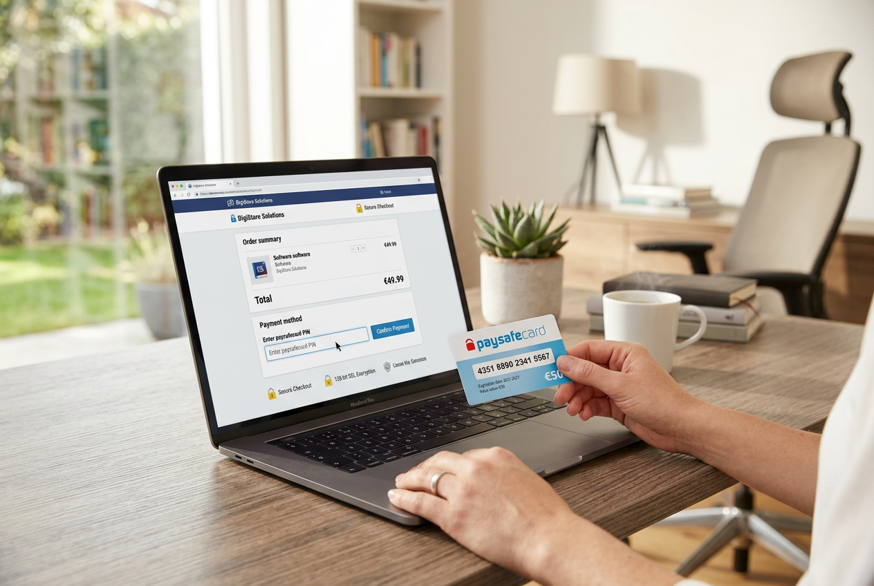A person making an online payment using a Paysafecard voucher next to a laptop.