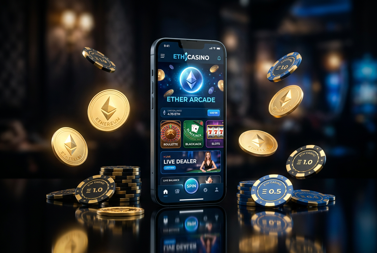 Μια σύγχρονη εφαρμογή καζίνο Ethereum σε smartphone με χρυσά νομίσματα.
