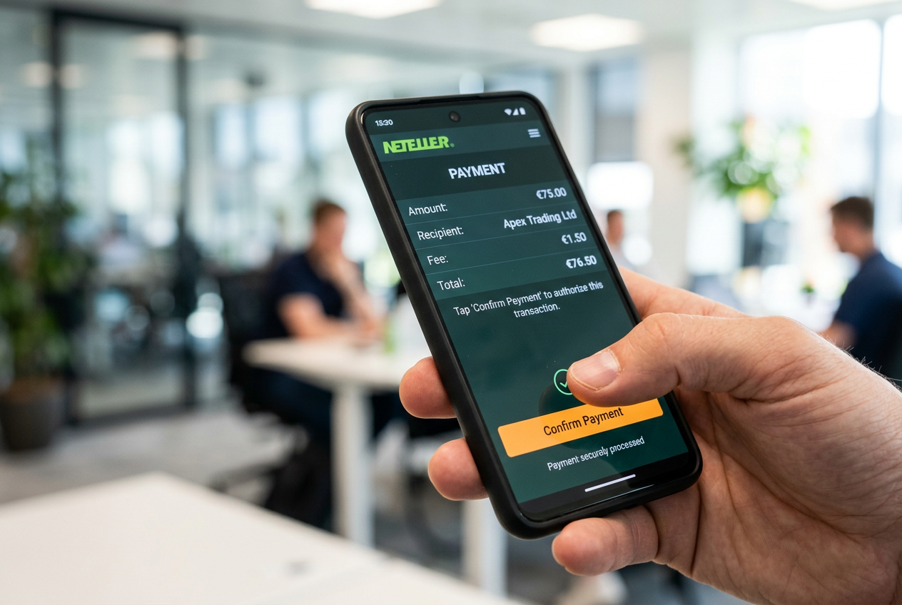 Person authorizing a Neteller payment on a smartphone.