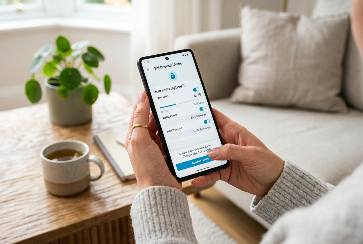 An abstract conceptual image of a person setting limits on a mobile banking app.