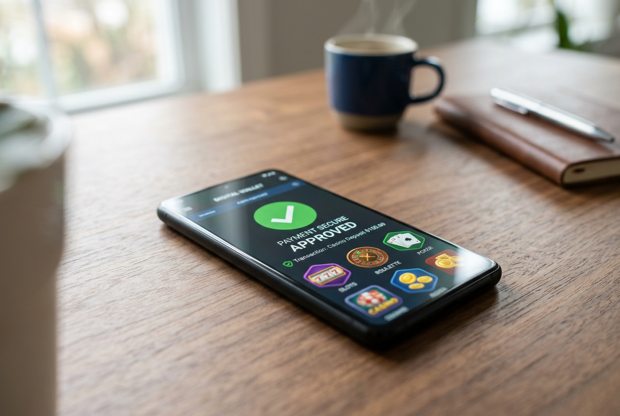 Close-up of a smartphone displaying a security checkmark and a casino app interface.