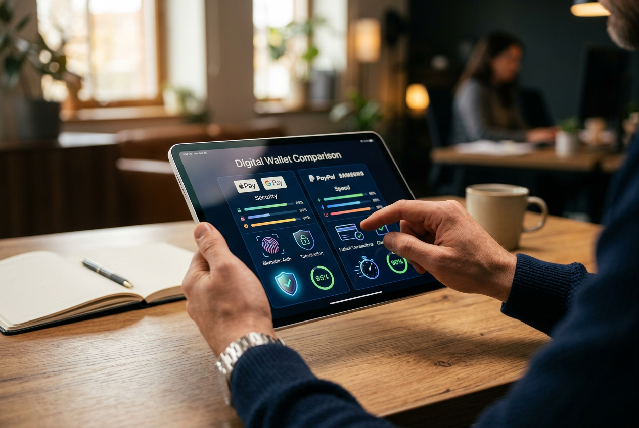 A professional reviewer analyzing casino payment methods on a tablet.