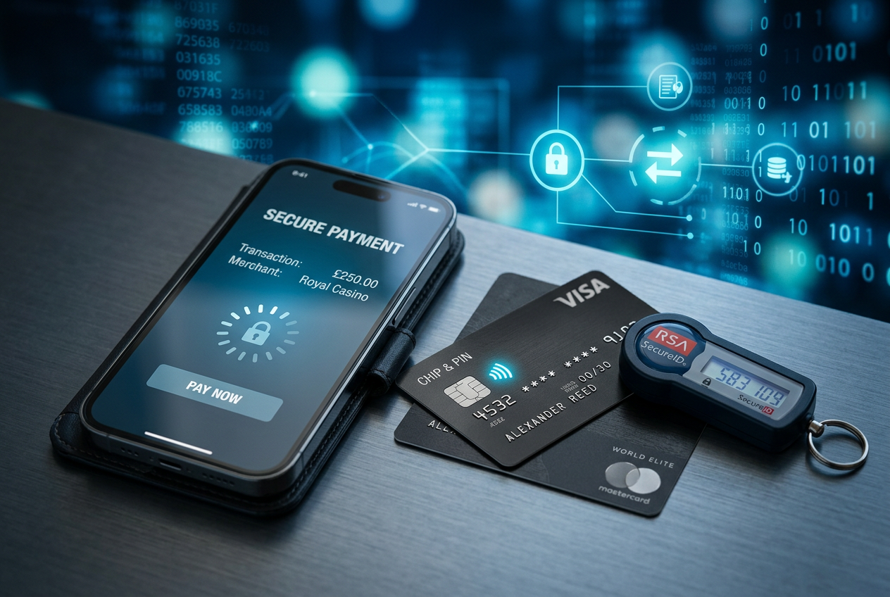 Digital security icons representing safe online transactions.